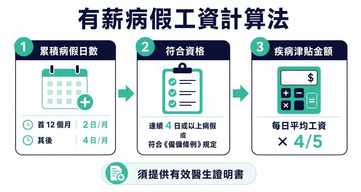 有薪病假工資計算法圖解:首12個月每月累積2日,其後每月4日;須連續4日或以上病假並提供有效醫生證明;疾病津貼 = 每日平均工資 × 4/5